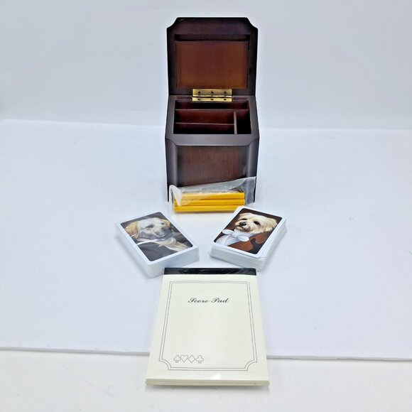 Solid Wood Playing Card Storage Box-Score Pad-Pencils-2 Decks of Cards-VTG - Picture 6 of 16